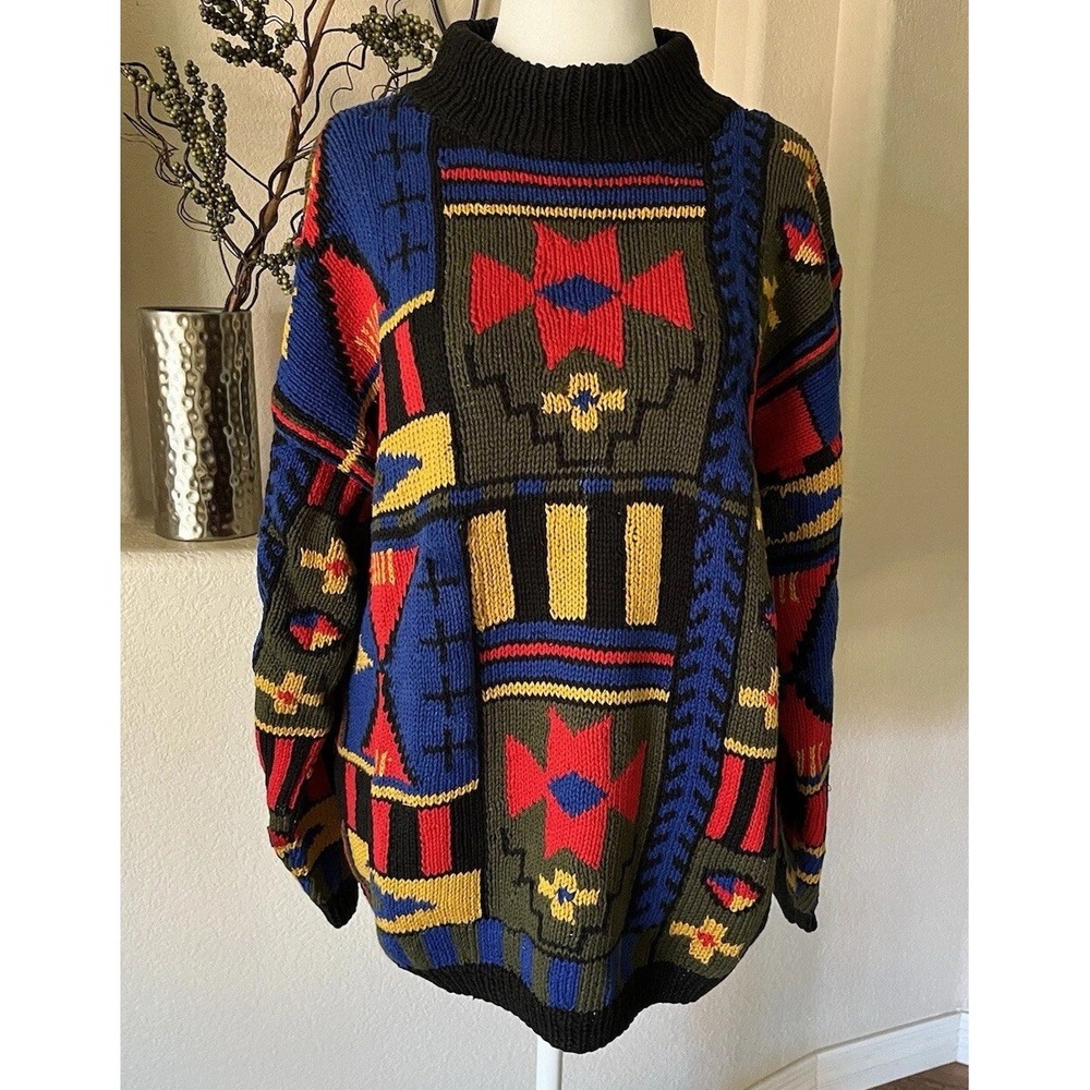 Rafaella Sweater Womens Small Multicolor Vintage 80s Hand Knit Geometric Sweater